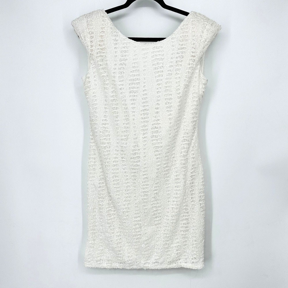 NWT ALBERTO MAKALI White Sequin Cap Shoulder Pad Scoop Sheath Mini Dress 12 - Picture 2 of 10